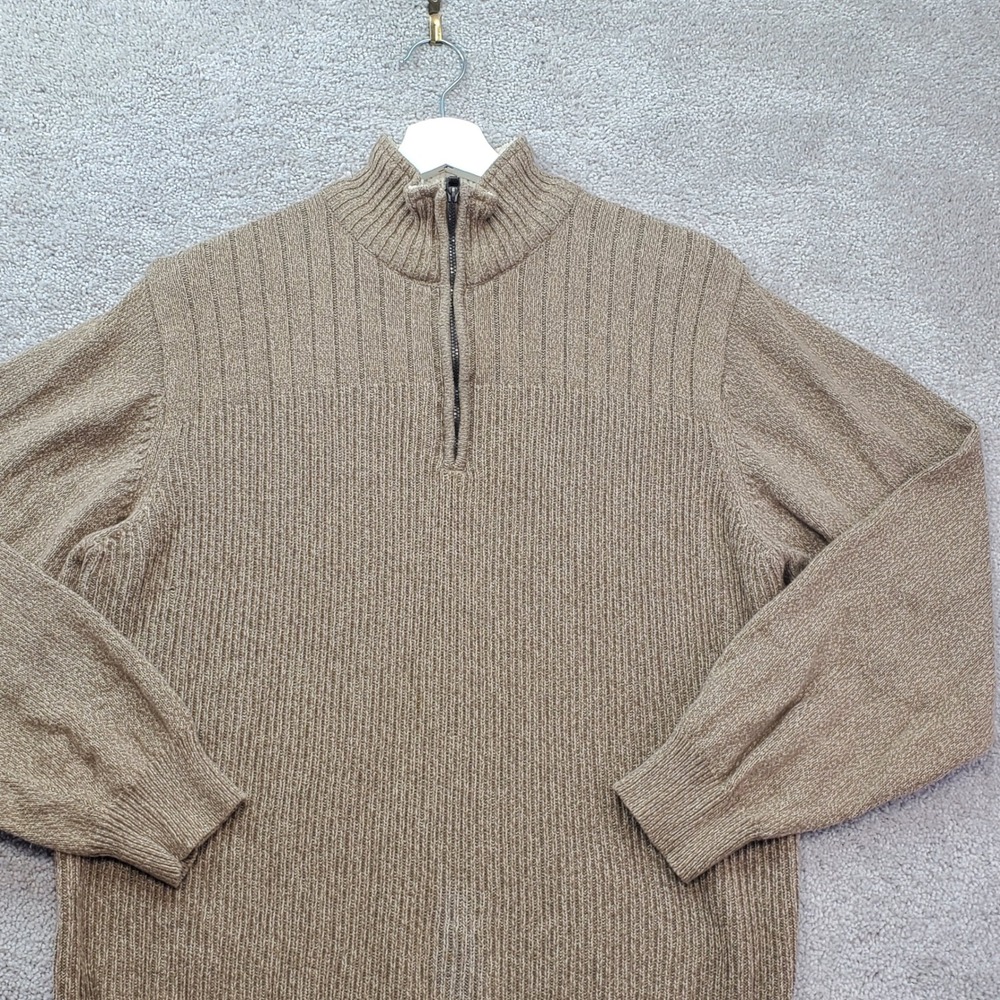 Oscar de la Renta Sweater Mens Large Brown Rib Knit Sherpa Collar 1/4 Zip Dad
